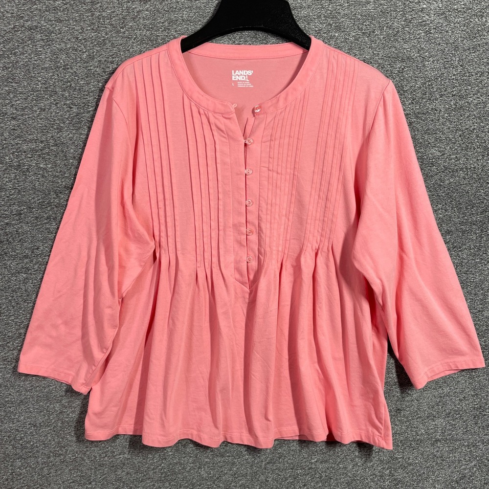 Lands End Womens Pink Pintuck Pleated Button Front Knit Top 3/4 Sleeve Large